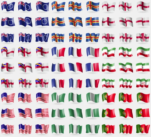 Islas Cook, Aland, Inglaterra, Herm, Francia, Irán, Bikini Atoll, Nigeria, Portugal. Gran juego de 81 banderas. Vector — Vector de stock