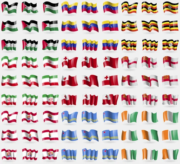 Palestina, Venezuela, Uganda, Iran, Tonga, Sark, Polinesia Prancis, Aruba, Core d 'ivoire. Satu set besar 81 bendera. Vektor - Stok Vektor