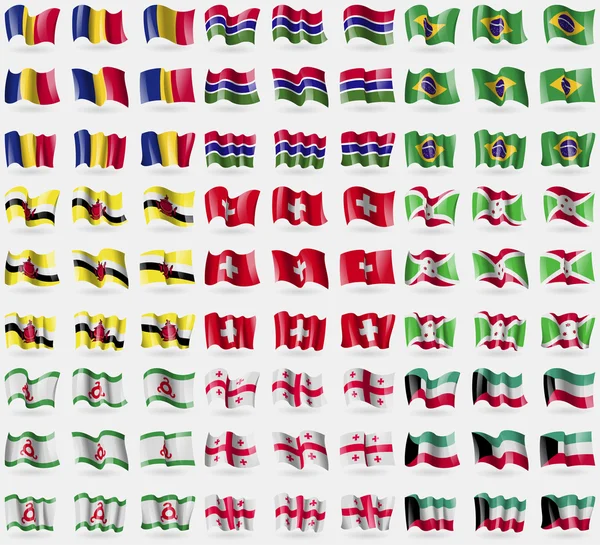Romênia, Gâmbia, Brasil, Brunei, Suíça, Burundi, Inguchétia, Geórgia, Kuwait. Um grande conjunto de 81 bandeiras. Vetor — Vetor de Stock