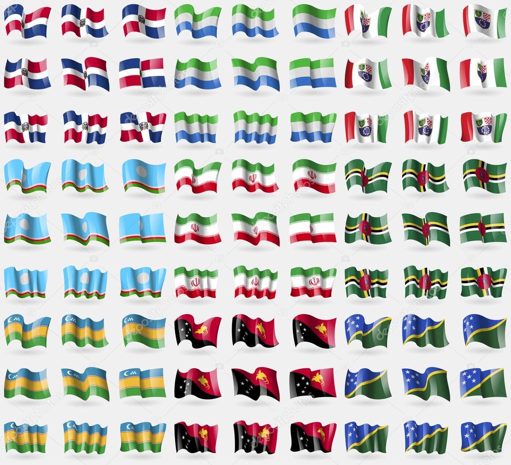 Dominican Republic, Sierra Leone, Bosnia and Herzegovina Federation, Sakha Republic, Iran, Dominica, Karakalpakstan, Papua New Guinea, Solomon Islands. Big set of 81 flags. Vector