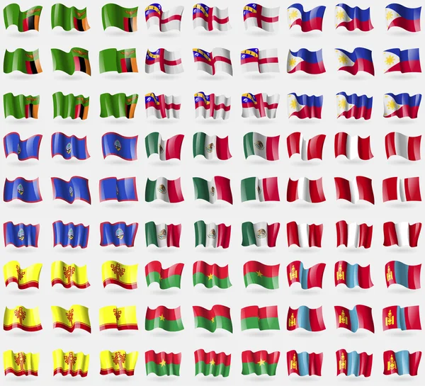 Zambia, Herm, Filipinas, Guam, México, Perú, Chuvashia, Burkia Faso, Mongolia. Gran juego de 81 banderas. Vector — Vector de stock