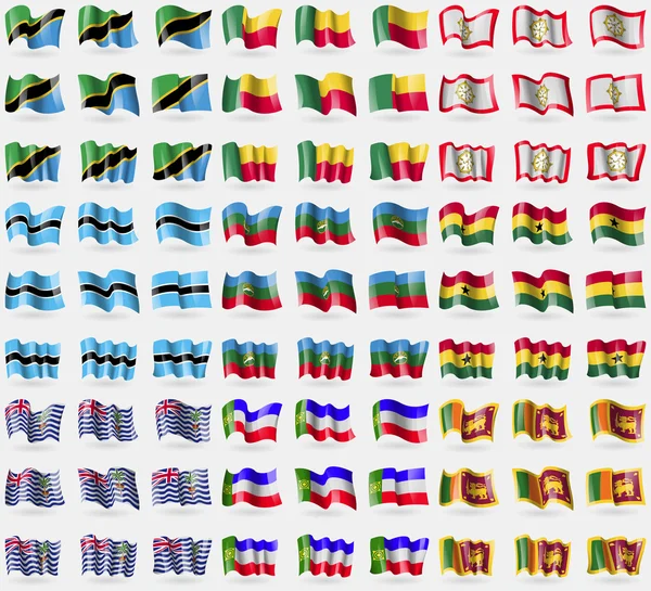 Tanzânia, Benim, Sikkim, Botswana, KarachayCherkessia, Gana, Território Britânico do Oceano Índico, Khakassia, Sri Lanka. Um grande conjunto de 81 bandeiras. Vetor —  Vetores de Stock