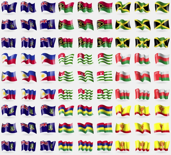 Georgia and Sandwich, Vanuatu, Jamaica, Filipinas, Abjasia, Omán, VirginIslandsUK, Mauricio, Chubashia. Gran juego de 81 banderas. Vector — Vector de stock