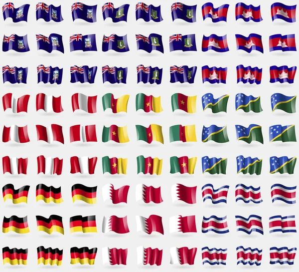 Falkland Islands, VirginIslandsUK, Camboja, Peru, Camarões, Ilhas Salomão, Alemanha, Bahrein, Costa Rica. Um grande conjunto de 81 bandeiras. Vetor — Vetor de Stock