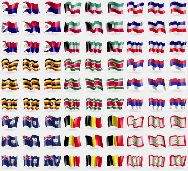 Saint Martin, Kuwait, Los Altos, Uganda, Suridame, República Srpska, Anguila, Bélgica, Sikkim. Gran juego de 81 banderas. Vector — Vector de stock