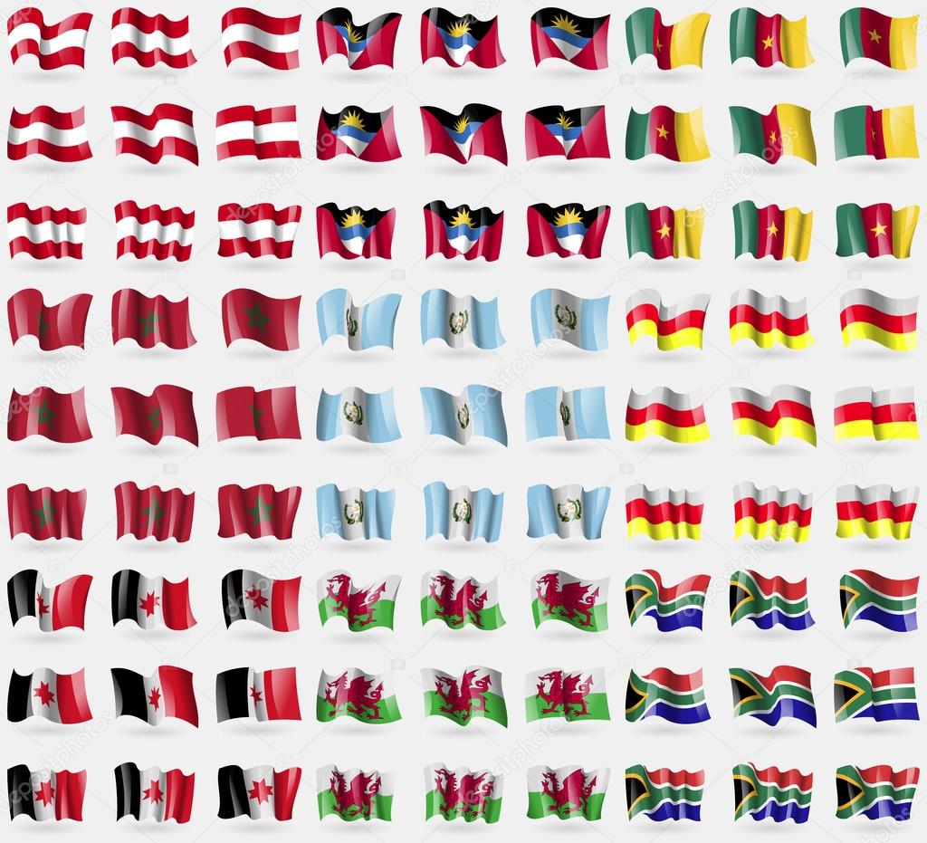 Austria, Antigua and Barbuda, Cameroon, Morocco, Guatemala, North Ossetia, Udmurtia, Wales, South Africa. Big set of 81 flags. Vector