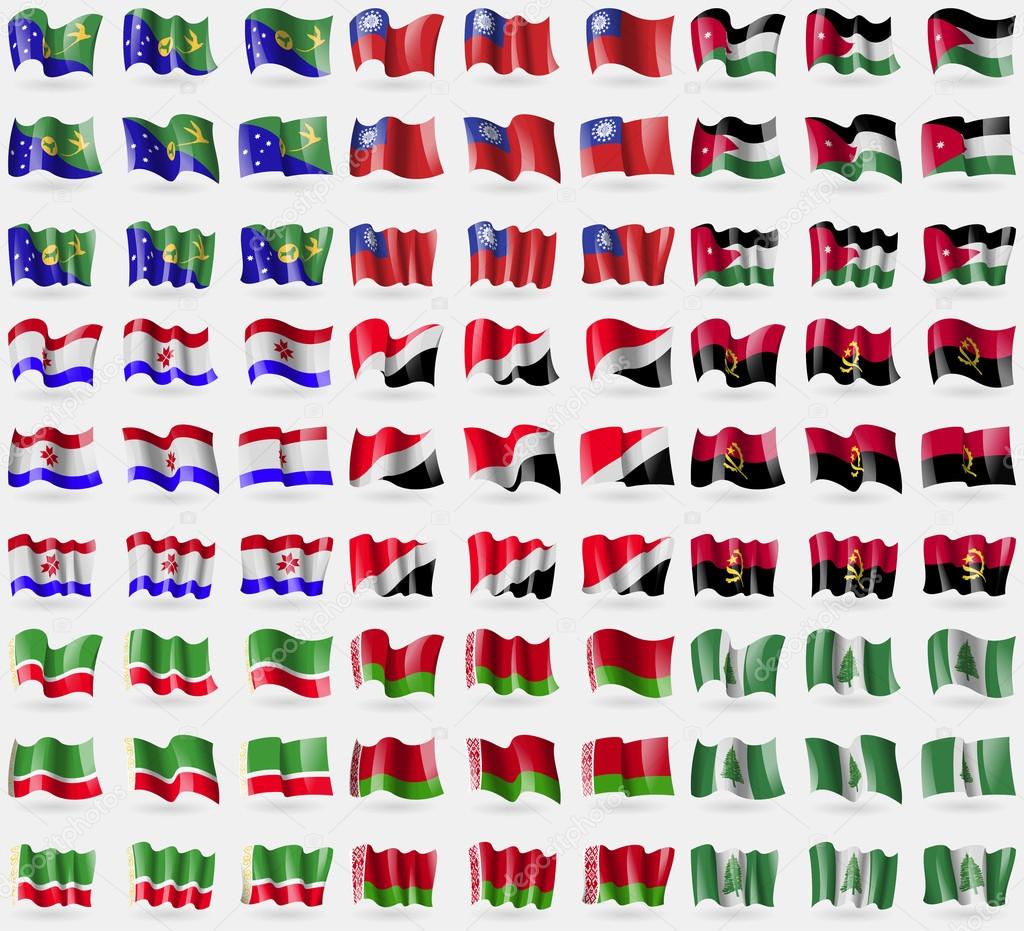 Christmas Island, MyanmarBurma, Jordan, Mordovia, Sealand Principality, Angola, Chechen Republic, Belarus, Norfolk Island. Big set of 81 flags. Vector