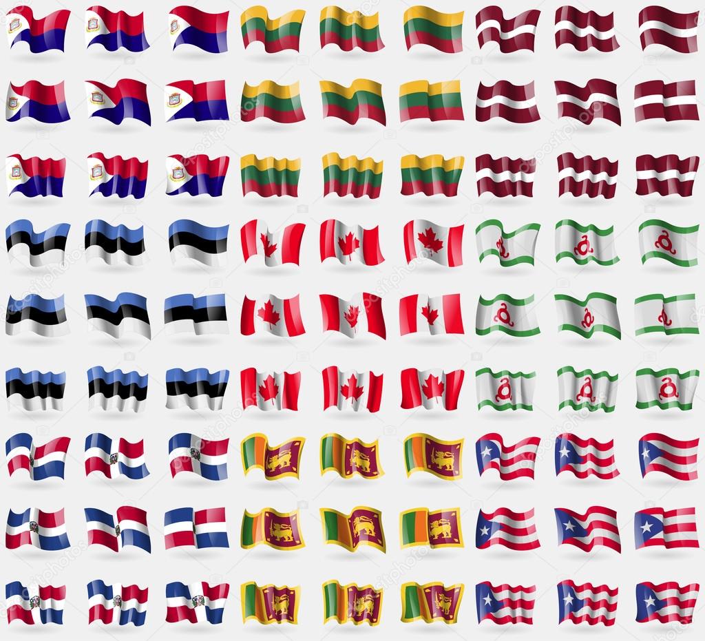 Saint Martin, Lithuania, Latvia, Estonia, Canada, Ingushetia, Dominican Republic, Sri Lanka, Puerto Rico. Big set of 81 flags. Vector