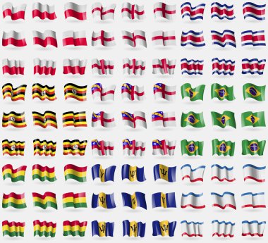 Polonya, İngiltere, Kosta Rika, Uganda, Herm, Brezilya, Bolivya, Barbados, Crimea. 81 bayraklar büyük kümesi. Vektör