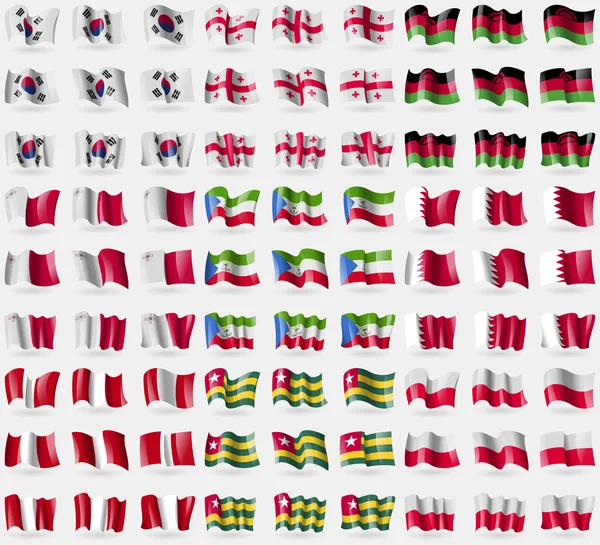South Korea, Georgia, Malawi, Malta, Equatorial Guinea, Bahrain, Peru, Togo, Polan. Big set of 81 flags. Vector — Stock Vector