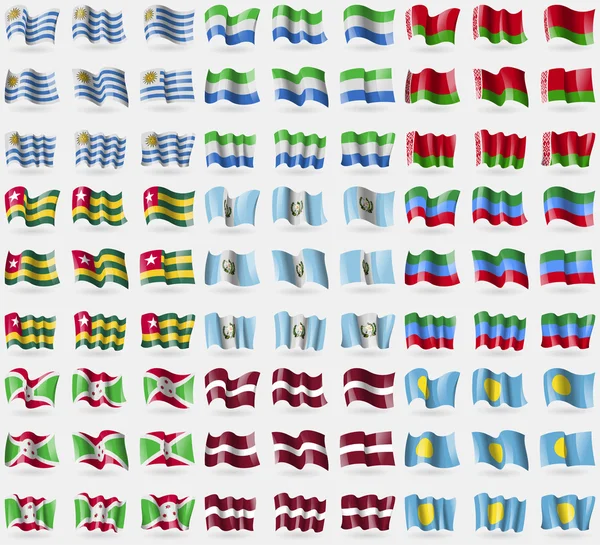 Uruguay, Sierra Leone, Belarus, Togo, Guatemala, Dagestan, Burundi, Latvia, Palau. Big set of 81 flags. Vector — Stock Vector