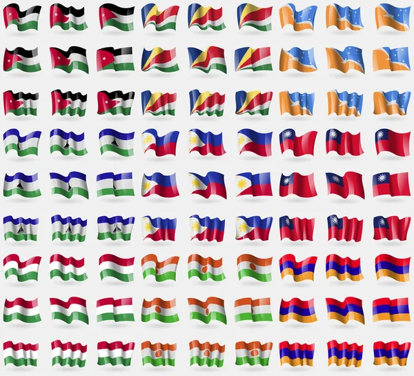 Jordan, Seychelles, Tierra del Fuego Province, Lesothe, Philippines, Taiwan, Hungary, Niger, Armenia. Big set of 81 flags. Vector — Stock Vector