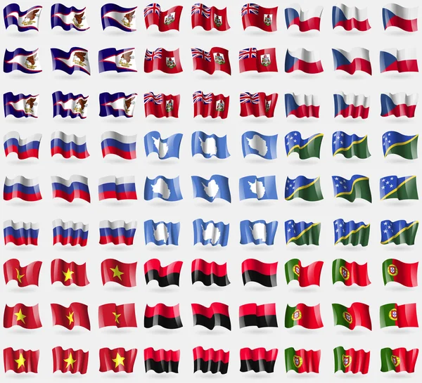 Samoa américaines, Bermudes, République tchèque, Russie, Antarctique, Îles Salomon, Vietnam, UPA, Portugal. Grand ensemble de 81 drapeaux. Vecteur — Image vectorielle