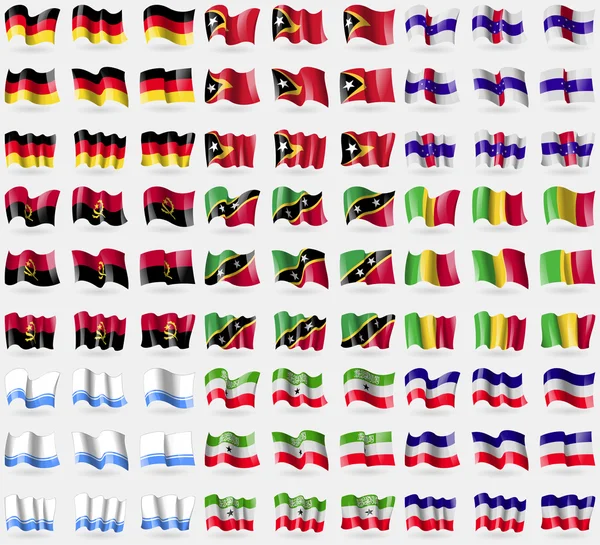Alemania, Timor Oriental, Antillas Neerlandesas, Angola, San Cristóbal y Nieves, Malí, República de Altai, Somalilandia, Los Altos. Gran juego de 81 banderas. Vector — Vector de stock