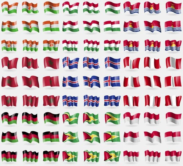 Niger, Hungary, Kiribati, Morocco, Iceland, Peru, Malawi, Guyana, Indonesia. Big set of 81 flags. Vector — Stock Vector