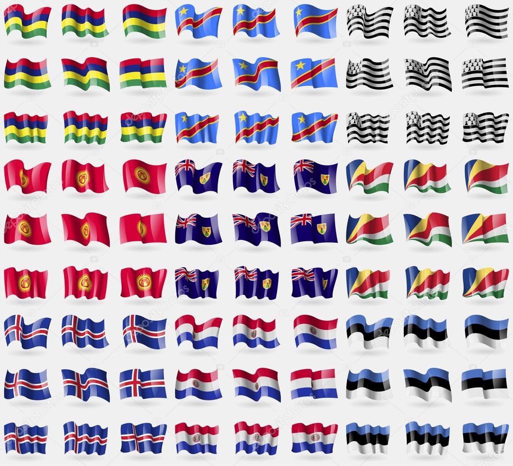 Mauritius, Congo Democratic Republic, Brittany, Kyrgyzstan, Turks and Caicos, Seychelles, Iceland, Paraguay, Estonia. Big set of 81 flags. Vector