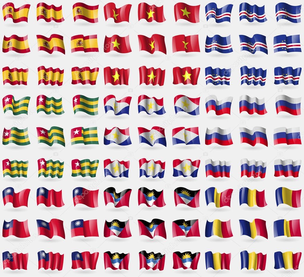 Spain, Vietnam, Cape Verde, Togo, Saba, Russia, Taiwan, Antigua and Barbuda, Romania. Big set of 81 flags. Vector
