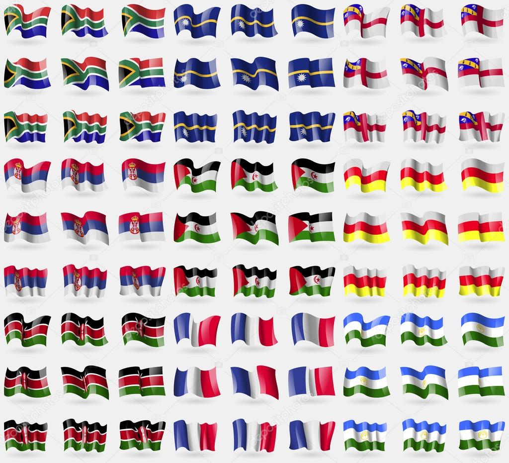 South Africa, Nauru, Herm, Serbia, Western Sahara, North Ossetia, Kenya, France, Bashkortostan. Big set of 81 flags. Vector