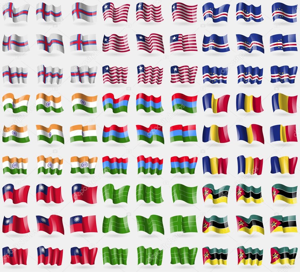 Faroe Islands, Liberia, Cape Verde, India, Karelia, Romania, Taiwan, Ladonia, Mozambique. Big set of 81 flags. Vector