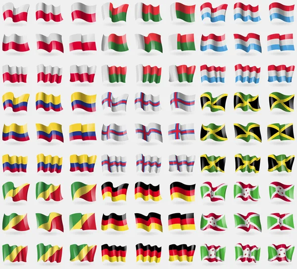 Polonia, Madagascar, Luxemburgo, Colombia, Islas Feroe, Jamaica, República del Congo, Alemania, Burundi. Gran juego de 81 banderas. Vector — Vector de stock