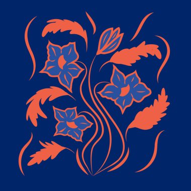 Çiçeklerin Doğulu Vektör motifi. Orijinal çiçek desenli, egzotik çiçekli, tropik yapraklı ve daha küçük kuşlu bir sarmaşık. Yaşam ağacı beyaz arka planda renkli çiçekler. Halk stili.