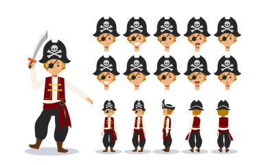 Little Boy in Pirate costume for Halloween festival.trick or treat. Front, side, back view animated character.Vector Character creation set with various views, Cartoon style, flat vector illustration.