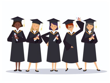 Kadınlar Grubu mezuniyet elbiseleriyle gülümseyen mutlu mezunlar ellerinde diplomalarla. Vektör illüstrasyon konsepti mezuniyet karikatür seremonisi tarzı.