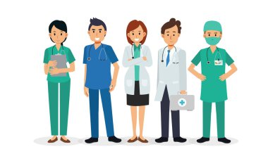 Bir dizi doktor çizgi film karakteri. Hastane personeli konsepti. vektör illüstrasyonu