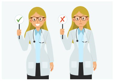 Doğru ve yanlış işareti olan kadın doktorun vektör düz çizgi film karakteri. 