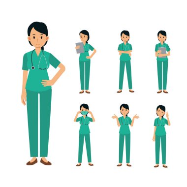 Kadın Cerrah Doktor karakterinin vektör seti. Tıbbi İllüstrasyon.