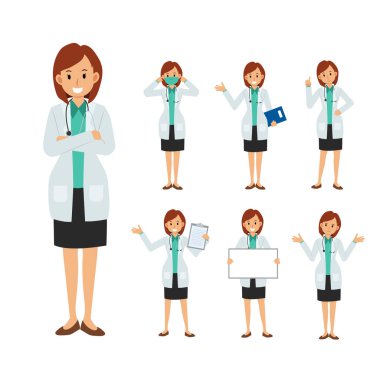 Kadın Doktor karakterinin vektör kümesi. Tıbbi İllüstrasyon.