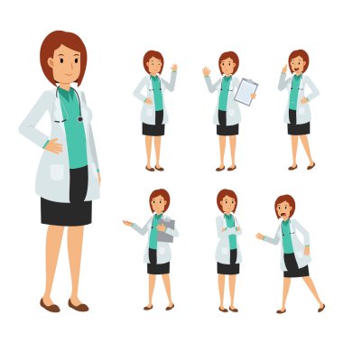 Kadın Doktor karakterinin vektör kümesi. Tıbbi İllüstrasyon.