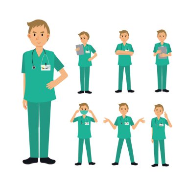 Erkek cerrah karakterinin vektör seti. Tıbbi İllüstrasyon.