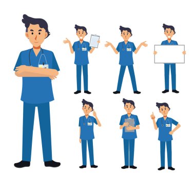 Erkek Doktor karakterinin vektör kümesi. Tıbbi İllüstrasyon.