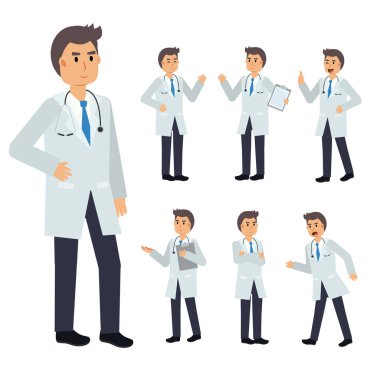 Erkek Doktor karakterinin vektör kümesi. Tıbbi İllüstrasyon.