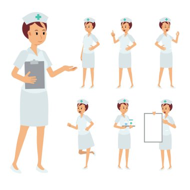 Bayan hemşire karakterinin vektör kümesi. Yanlış tıbbi personel illüstrasyonu..
