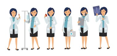Doktor Kadın Karakteri 'nin çeşitli tıbbi ekipmanlara sahip vektör seti. Tıbbi İllüstrasyon.