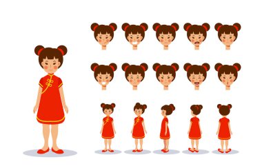 Kırmızı Çinli kostümlü küçük kız, çizgi film stili, düz vektör çizimi.