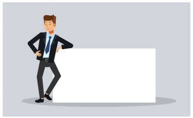 İş adamının vektör illüstrasyonu boş bir afişe yaslanıyor.