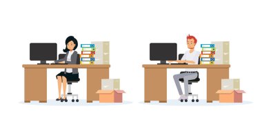 Vektör düz çizgi film karakteri çizimi ofiste çalışan iş adamlarının çizimi.