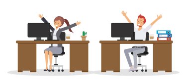 İş adamlarının düz çizgi film karakteri ofiste çalışmaktan mutlu. İş adamı ve iş kadını mutlular. 