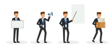 Farklı pozisyonlarda bir iş adamı. Vektör çizgi film karakteri çizimi. Düz bir tarzda..