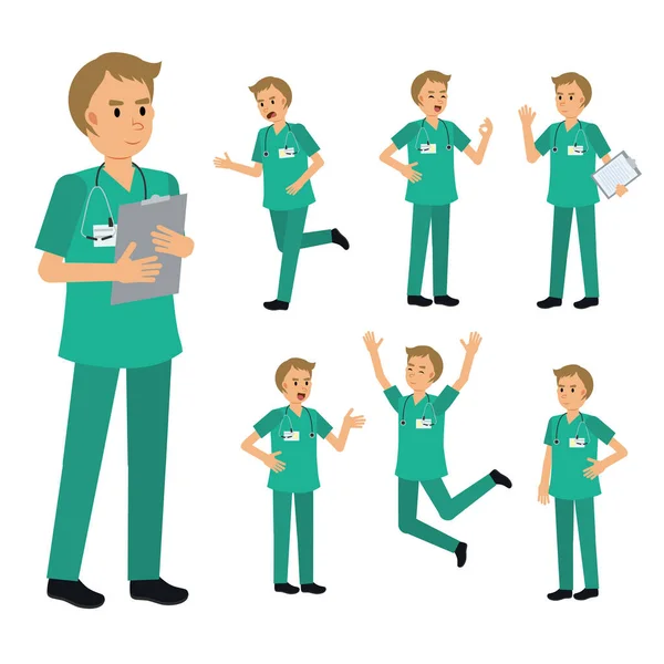 Ensemble Vectoriel Personnage Masculin Médecin Chirurgien Illustration Médicale — Image vectorielle
