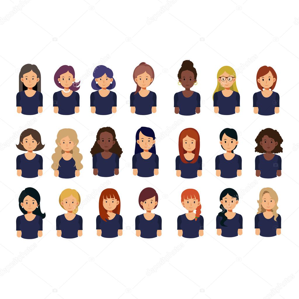 Set of Women avatar. cute girls with different hairstyles. flat vector character avatars  illustration collection.