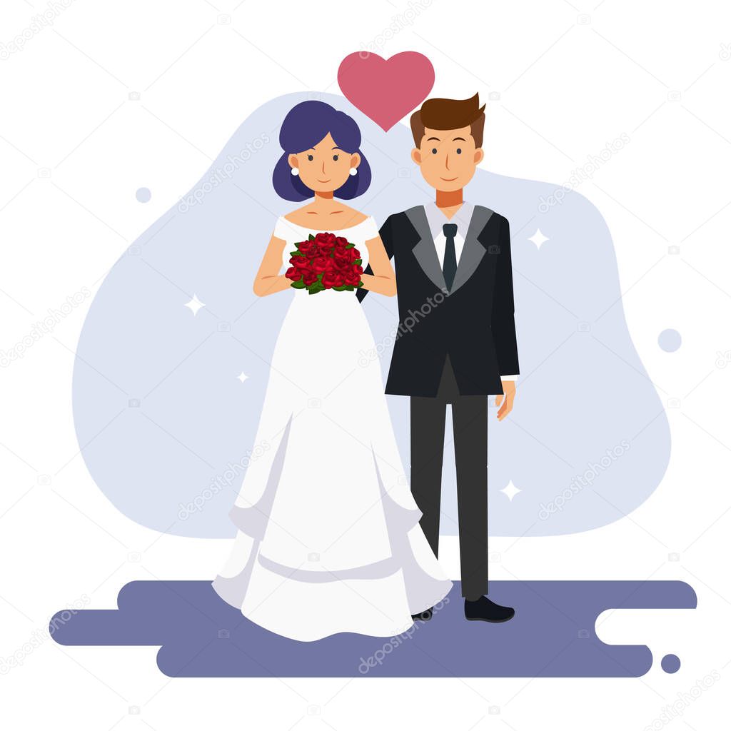 flat cartoon character vector illustration of cute couple marriage. bride and groom, wedding