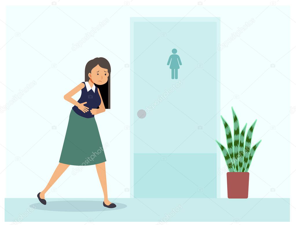 A woman have stomach ache is standing in front of toilet. A woman need to use toilet but the room is not available. Vector flat cartoon character illustration.