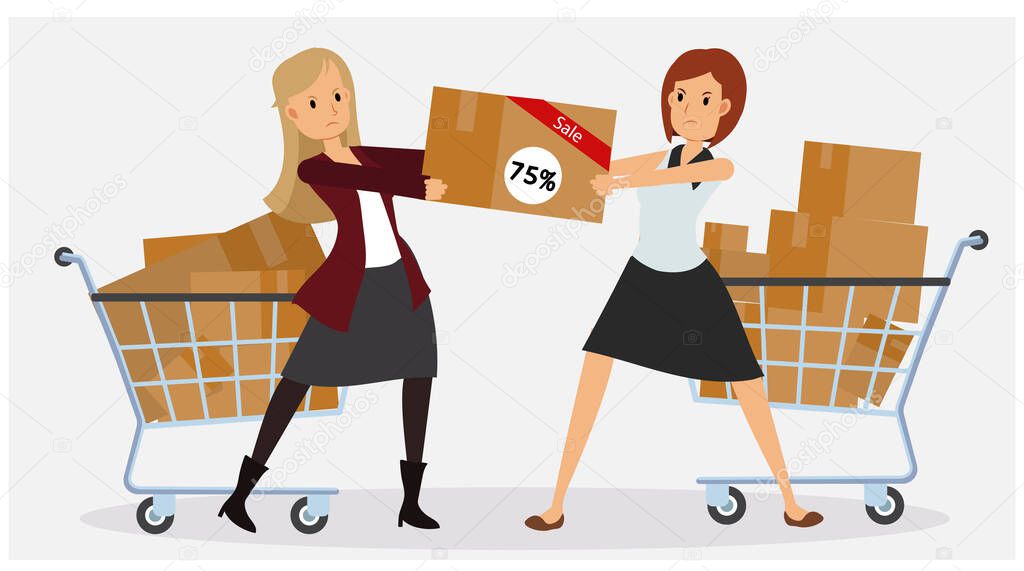 Flat commercial concept of promotion and discount. Black friday. 2 women are fighting to get her product. 