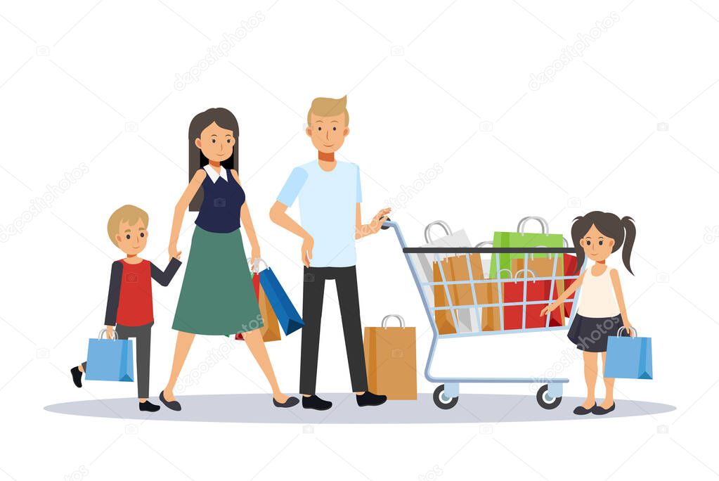 Happy family with shopping. Father, mother, son, daughter. Big discount. Vector illustration flat design