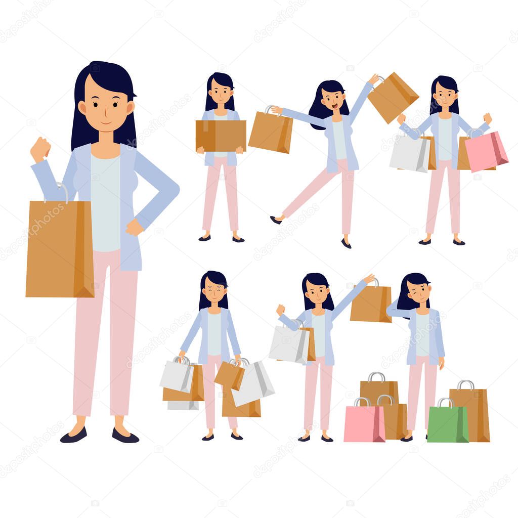 Vector Collection of woman carrying shopping bags. shop, mall. Cartoon characters isolated on white background. Flat vector illustration.