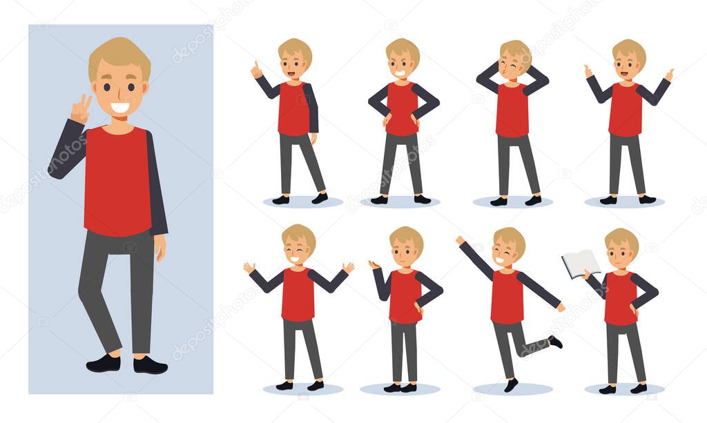 Vector illustration set of children boy character in various action. emotion expression.